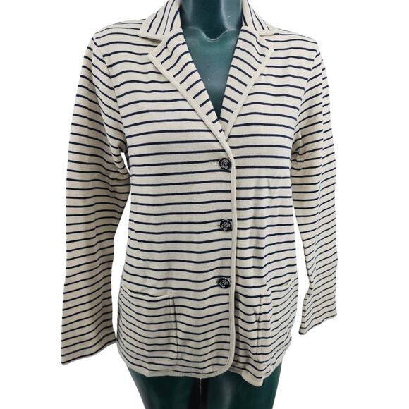 Chaps x Ralph Lauren Jackets & Blazers - Chaps Nautical Preppy Knit Blazer Jacket Cream Navy Stripes Womens M 3613